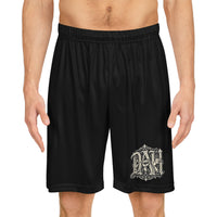 Black Basketball Shorts with Gothic 'DA' Side Crest — Athletic AOP