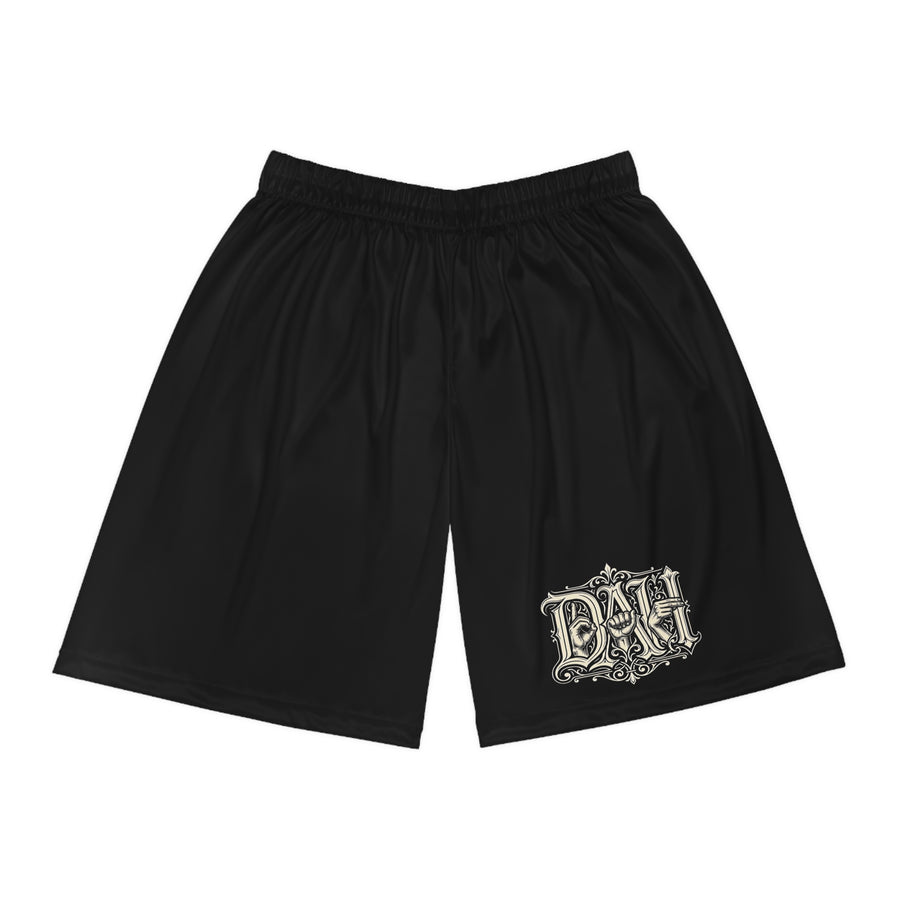 Black Basketball Shorts with Gothic 'DA' Side Crest — Athletic AOP